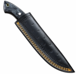 Black Marble Handle Hunting Knife with silver-gray fixed blade, metal bolster, two handle pins, lanyard hole and black sheath with orange stitching.
