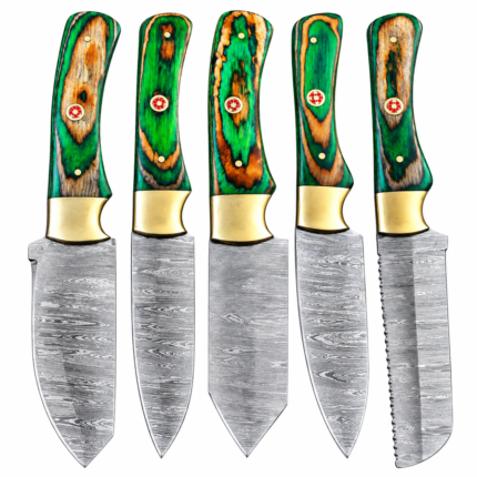 Green Handle Damascus Pattern Kitchen Knife Set featuring five silver-gray patterned blades, green-and-brown wood-grain-style handles, gold-colored bolsters and one serrated knife.