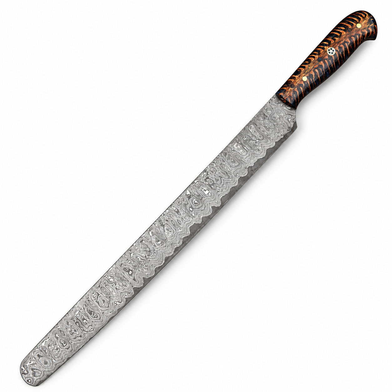 Premium Damascus Brisket Slicing Knife – 5 Benefits Damascus Brisket Slicing Knife with long patterned blade and orange-black handle