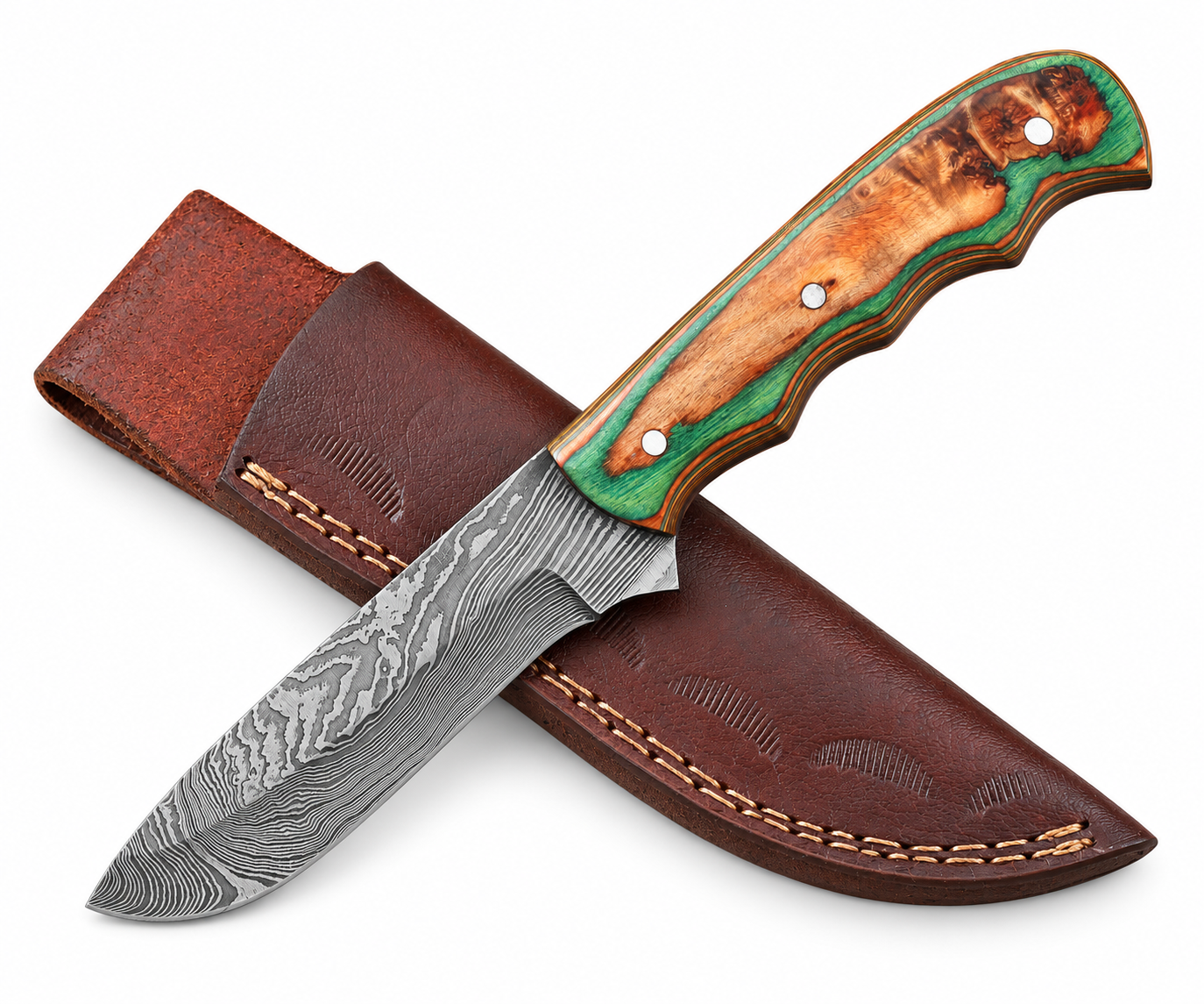 052b4821-52e5-448a-bf47-00183d6ebd1e Green Burl Wood Damascus Style Hunting Knife with silver-gray patterned fixed blade, contoured green-brown handle and brown sheath