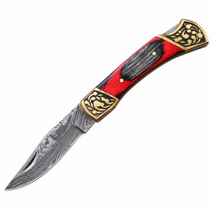 Ornate folding knife with Damascus-style patterned blade, red-black handle and gold-toned floral fittings.