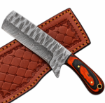 Orange Black Damascus Pattern Cleaver Knife with broad silver-gray blade, orange-and-black contoured handle and brown embossed stitched sheath.
