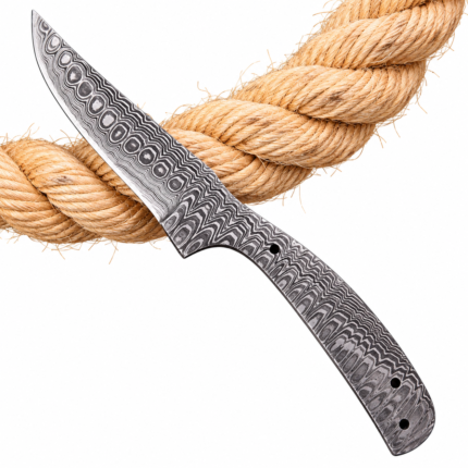 Damascus full tang knife blank with a silver-and-black wave-pattern blade, curved exposed metal handle and three holes, displayed diagonally over a tan rope.