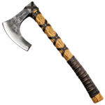 Rustic Bearded Viking Axe with broad weathered silver-grey head, golden-brown wood-grain handle and dark diagonal wrapping