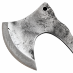 Bearded Viking Axe with curved silver-gray textured head, light wood-grain handle and decorative tan-and-brown embossed sheath