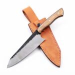 Wood Handle Fixed Blade Hunting Knife with silver drop-point blade, dark scalloped spine, light brown three-pin handle and tan stitched sheath.