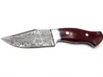 Damascus-Pattern Hunting Knife with silver-gray wavy blade, polished metal bolster, reddish-brown wooden handle and brown stitched sheath