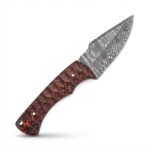 Orange Black Damascus Hunting Knife with Wave Pattern Fixed Blade, Orange Black Layered Handle and Reddish Brown Leather Sheath