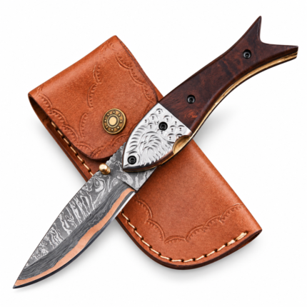 Engraved Bolster Damascus Folding Knife with patterned curved blade, copper-colored accent, dark brown wood-look handle and embossed brown carrying pouch.