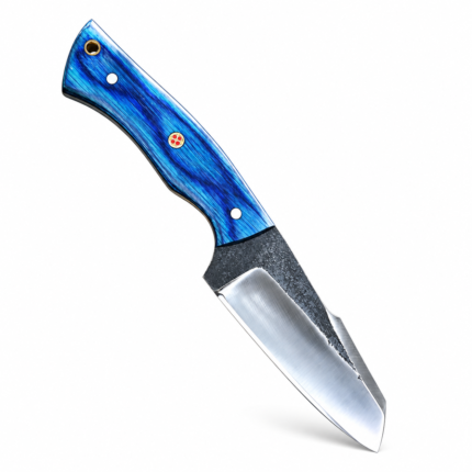 Blue Handle Fixed Blade Hunting Knife with polished silver blade, dark textured upper blade, blue woodgrain-style handle, decorative pins and lanyard hole.