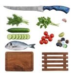 Blue Handle Patterned Chef Knife with long silver-gray swirling blade, contoured turquoise and navy finger-groove handle and metal pins