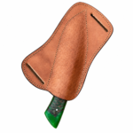 Green pinecone handle Damascus-pattern hunting knife with copper-colored blade accents, silver-gray patterning and decorative handle pins