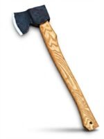 Long Handle Camping Axe with natural wood-grain handle, black wrapped grip, dark axe head and brown protective sheath