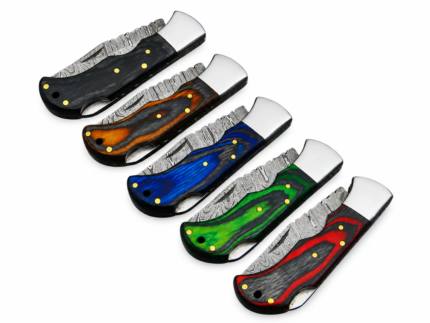 Five Damascus-Patterned Folding Pocket Knife variations featuring green, blue, black, orange, and red handles with decorative silver bolsters and patterned blades.