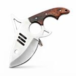 Damascus Pattern Mini Cleaver Knife with curved silver-gray patterned blade, circular and triangular cutouts, brown wood-grain handle and embossed sheath.