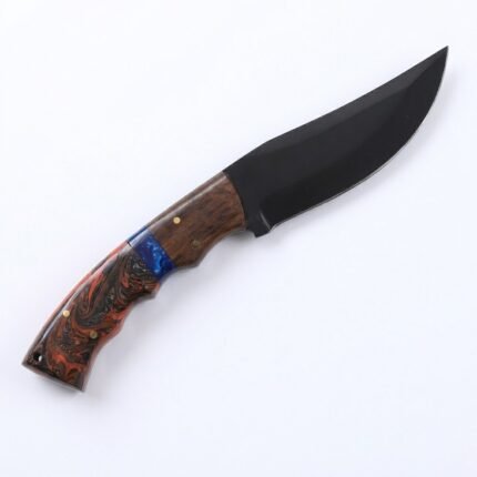 Black Blade Bowie Knife with a broad matte-black upswept blade, reddish-brown wood-look handle, blue spacer, and black-and-red marbled rear grip.