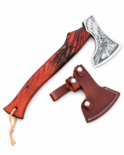 Engraved Viking Axe with silver Norse-inspired patterned head, red-black wooden-look handle and brown stitched sheath