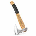 Viking Carved Bearded Axe full view featuring decorative wooden shaft and silver bearded blade