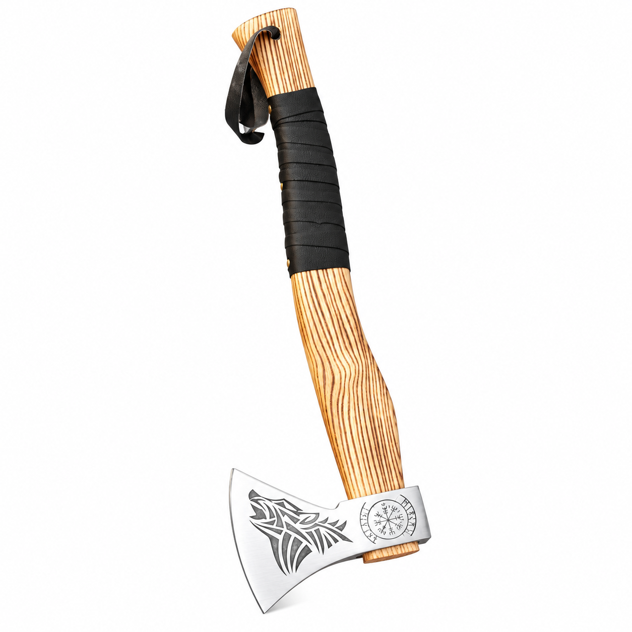 110b7ac2-8ea6-4464-a7ba-0587f94c582d Viking Wolf Engraved Axe with silver curved blade, Norse compass emblem and golden wood-grain handle