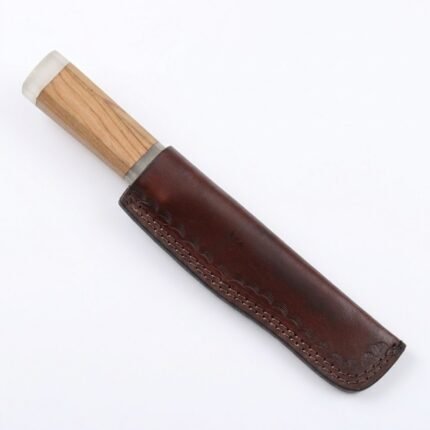 Damascus Utility Knife featuring a silver-gray patterned blade, curved pointed tip, wooden-look handle and decorative green accents.
