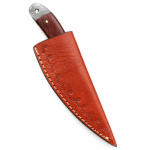 Damascus Pattern Fixed Blade Hunting Knife with silver layered-look blade, reddish-brown wood-look handle, brass-colored pins and metal end cap