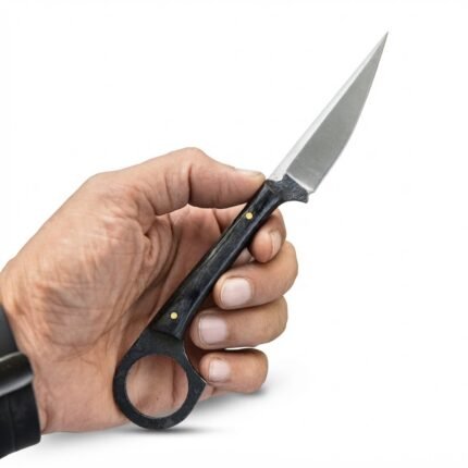 Ring pommel fixed blade knife with satin silver pointed blade, dark wood-grain-look handle, circular rear finger ring and black sheath with tan stitching.