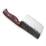 Red Black Handle Forged-Style Cleaver Knife with broad silver-and-charcoal rectangular blade, patterned grip and brown stitched blade cover