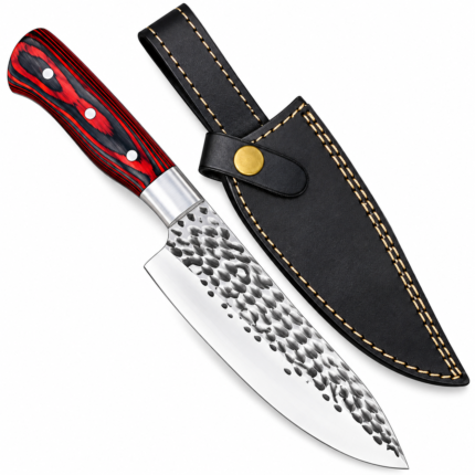 Hand Forged Chef Knife with silver hammered-finish blade, red and black patterned handle, polished metal bolster, and stitched black sheath.
