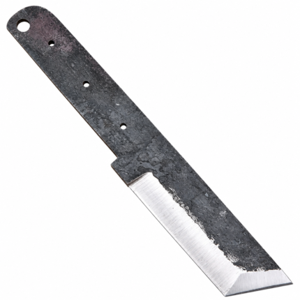 Black Forge Finish Knife Blank with a textured dark blade surface, silver cutting bevel and unfinished full tang with four holes