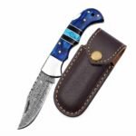 Blue Turquoise Damascus Folding Knife with detailed patterned blade, curved blue handle, turquoise-colored insert and brown storage pouch.