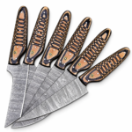 Six Piece Damascus Pattern Kitchen Knife Set displayed with six silver-gray patterned blades and matching black-and-tan decorative handles.