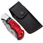 Red Handle Damascus Hunting Knife with Wave Patterned Steel Blade, Copper-Colored Accent, Polished Silver Bolster and Red Wooden-Style Grip