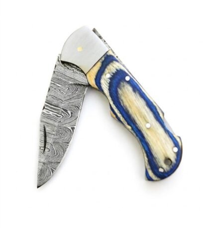 Blue and Cream Damascus Pattern Folding Knife shown open with a silver-grey wave-pattern blade, polished bolster, and blue and cream swirled handle.