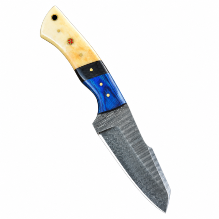 Blue Handle Damascus Chef Knife featuring patterned silver blade, decorative pins, blue upper handle and ivory-colored lower grip.