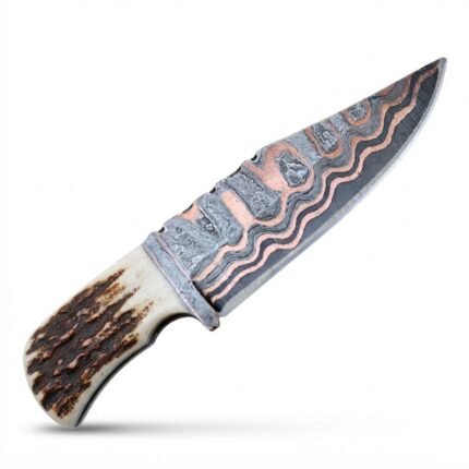 Copper Pattern Hunting Knife with a dark copper-accented blade, curved cream-and-brown stag-style handle, silver-colored bolster and gold-colored pins