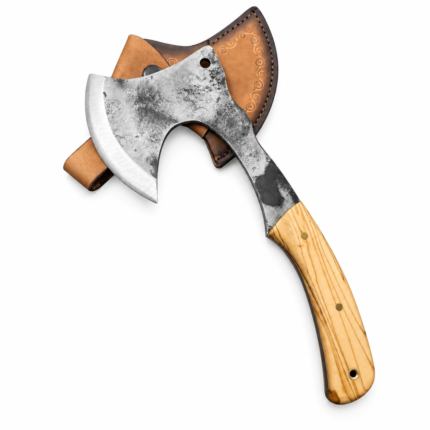 Bearded Viking Axe with curved silver-gray textured head, light wood-grain handle and decorative tan-and-brown embossed sheath