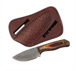6 Inch Damascus Skinning Knife with patterned steel blade, pakkawood handle, brass pins, and brown leather sheath, showing knife designs and dimensions.
