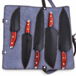 5 Piece Damascus Pattern Kitchen Knife Set showing five patterned chef and utility knives with reddish-brown wood-grain handles