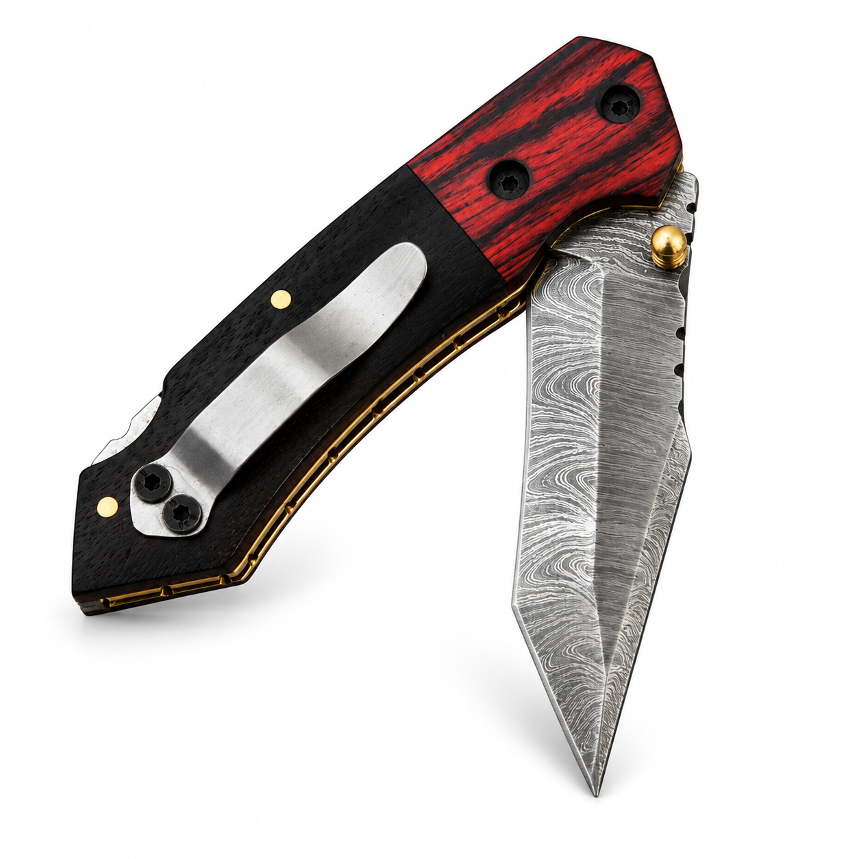 Damascus Steel Folding Knife – Red & Black Handle Damascus Steel Folding Pocket Knife with angular patterned blade, red and black handle, gold-colored pivot, and silver pocket clip.
