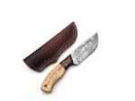Two-Tone Wood Handle Damascus Hunting Knife with patterned drop-point blade, golden-brown and dark wood-grain handle, beside a brown stitched sheath.