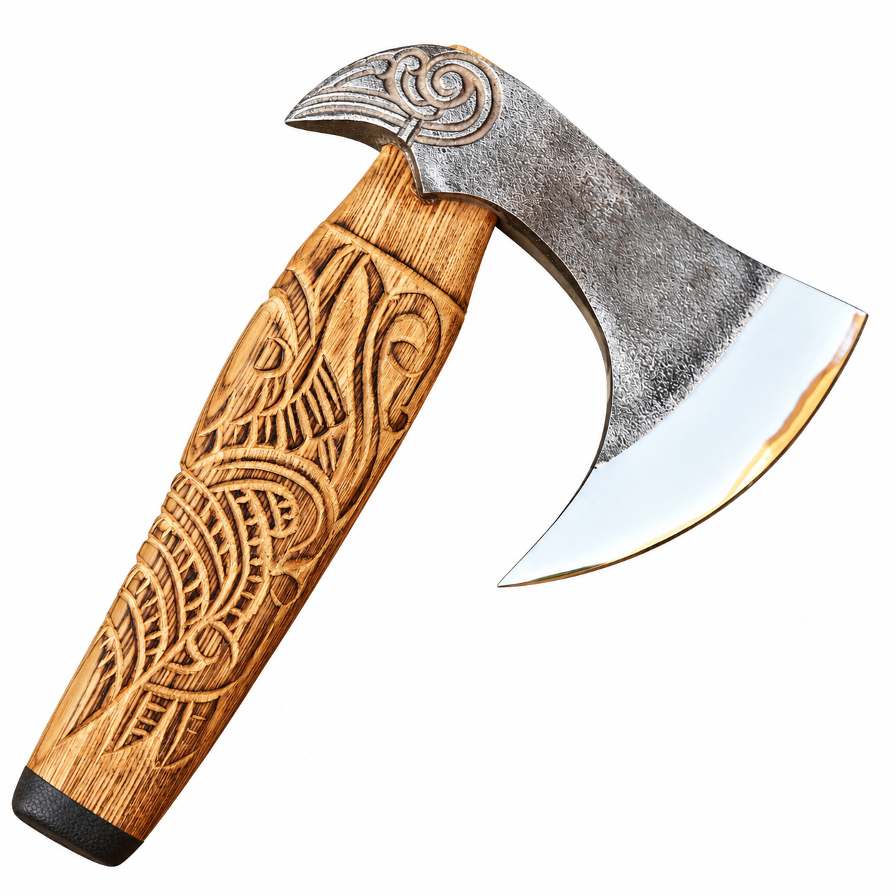 1d76548d-b2df-4f7b-9aa2-0b120ec35048 Viking Carved Bearded Axe with textured silver blade, spiral engraving and ornate golden wooden handle