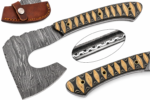 Black and Gold Viking Pizza Axe featuring a broad curved Damascus-style patterned blade, black-and-gold decorative handle and three brass-colored circular fittings.