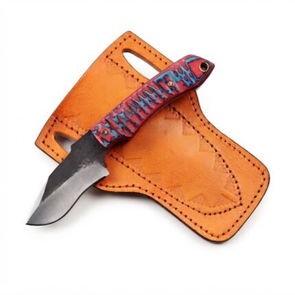 Red and Blue Handle Fixed Blade Skinning Knife with curved black and silver blade, turquoise patterned grip and orange stitched sheath