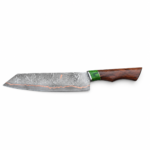 Damascus Pattern Chef Knife with wide silver-gray patterned blade, copper-colored edge accent, green spacer, and dark brown wooden handle