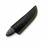 Black textured fixed blade knife with a bright silver-colored cutting-edge section, dark olive-and-black wood-grain-style handle, four metallic pins, and orange spacer