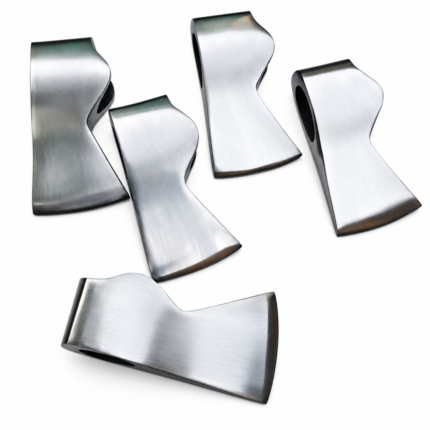 Five unhandled polished steel axe heads in different shapes arranged diagonally on white background