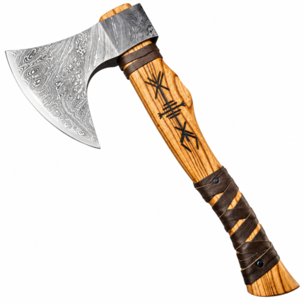 Rune Carved Damascus Viking Axe with Bearded Blade and Brown Wrapped Wooden Handle