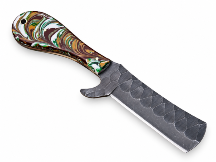 Marbled handle cleaver-style knife with a broad gray geometric-patterned blade and swirling brown, cream, green, and amber handle featuring circular pins.