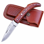 Curved Wood Handle Damascus Hunting Knife with patterned silver-gray pointed blade, upward-curving reddish-brown handle, decorative inlay