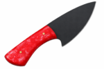 Red Handle EDC Knife with matte black drop point blade, glossy red marbled handle, and two brass-colored pins, held in a black-gloved hand
